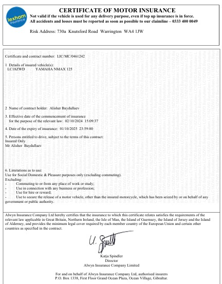 UK Certificate of Motor Insurance